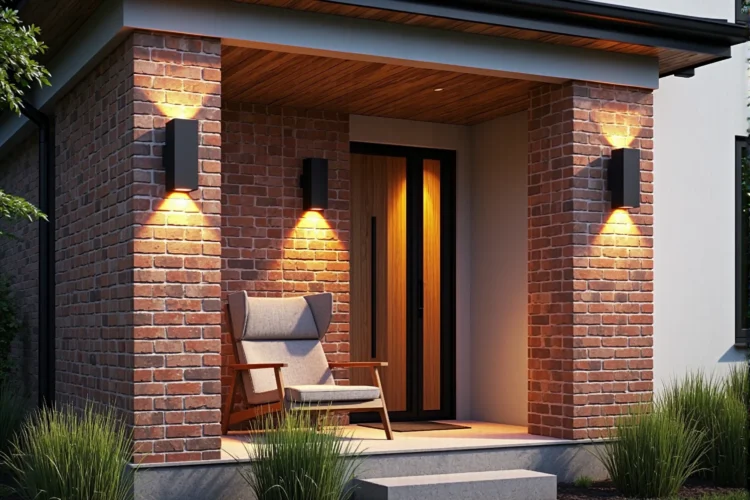 Nowoczesne kinkiety elewacyjne czarne na klinkierowych filarach