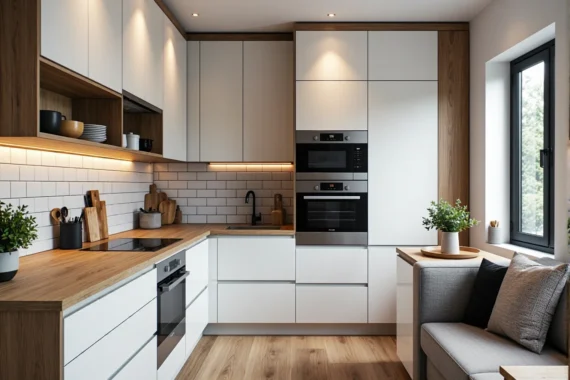 Białe meble kuchenne z drewnianym blatem i oświetleniem LED