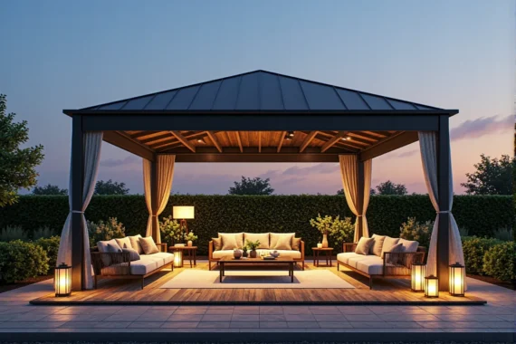 Zestaw mebli ogrodowych beżowych pod elegancką altaną z lampionami