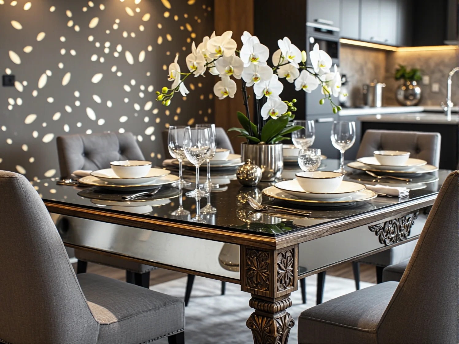 Okrągły stół marmurowy do kuchni glamour z welurowymi krzesłami i kryształowym żyrandolem