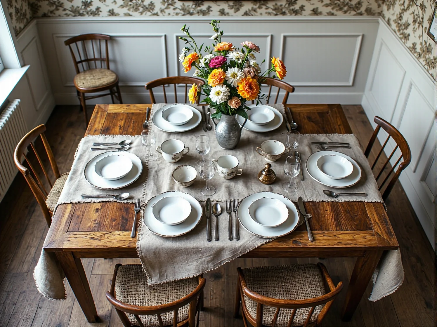 Okrągły stół vintage z lat 60. na smukłych nóżkach w jasnym salonie