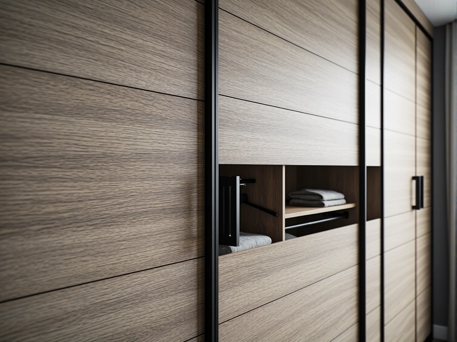 Wnętrze szafy przesuwnej z organizerami i szufladami ułatwiającymi przechowywanie w kawalerce