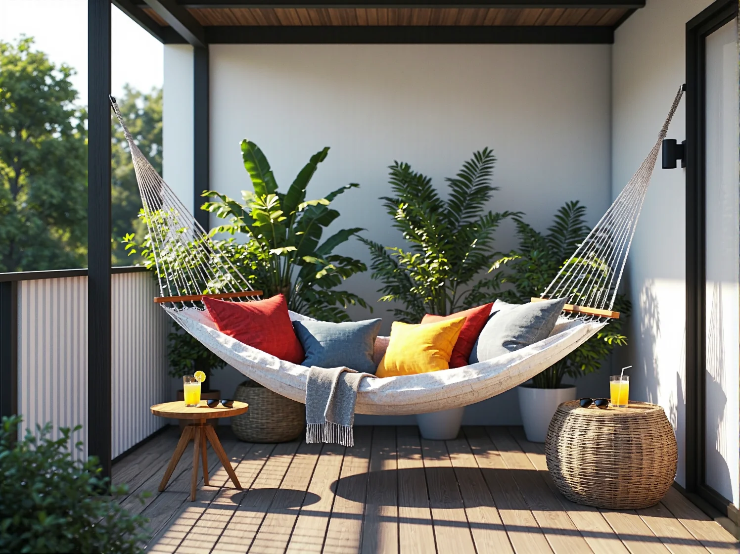 Oświetlenie balkonu girlandami świetlnymi i lampionami tworzące nastrojowy klimat wieczorem