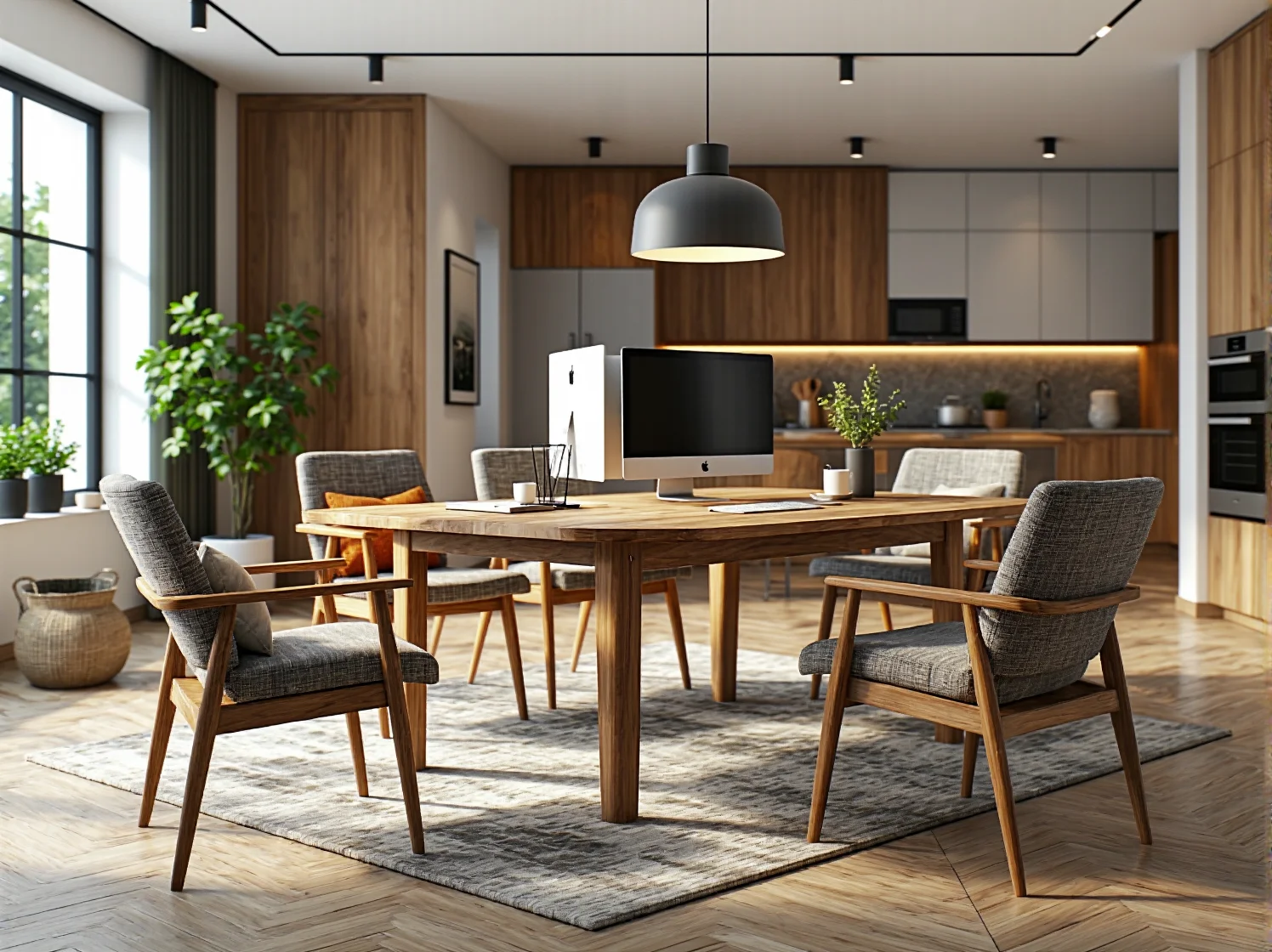 Oświetlenie w domowym biurze, lampka biurkowa LED i dostęp do światła dziennego.