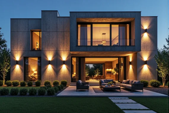 Nowoczesna elewacja z betonu z kinkietami LED o ciepłym świetle