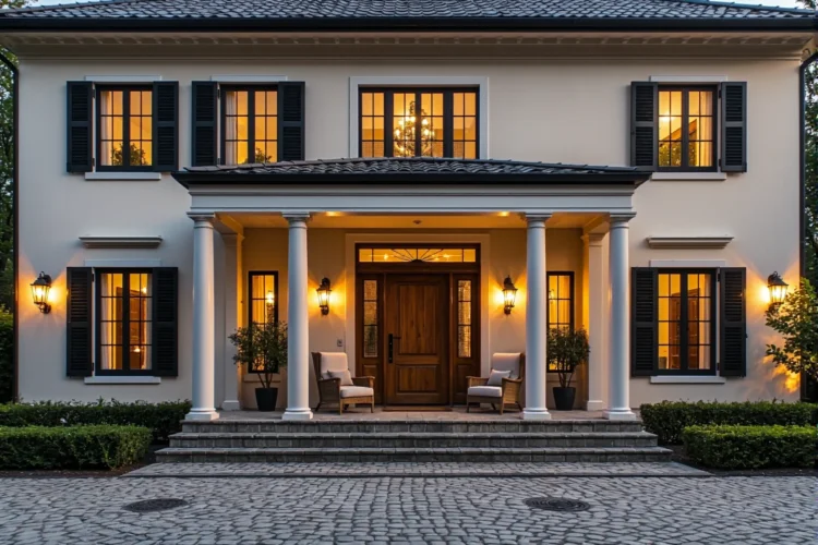 Klasyczne lampy elewacyjne w stylu latarni przy białym domu