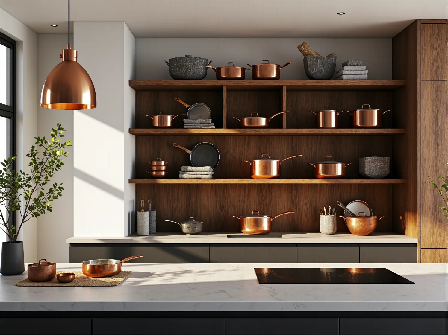 Oświetlenie kuchenne podkreślające ciepły blask miedzianych elementów wystroju wnętrza.