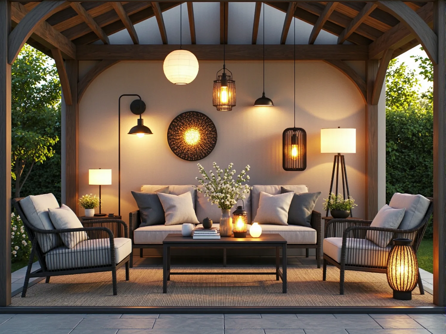 Nastrojowe oświetlenie ogrodu glamour, kryształowe żyrandole i lampiony.