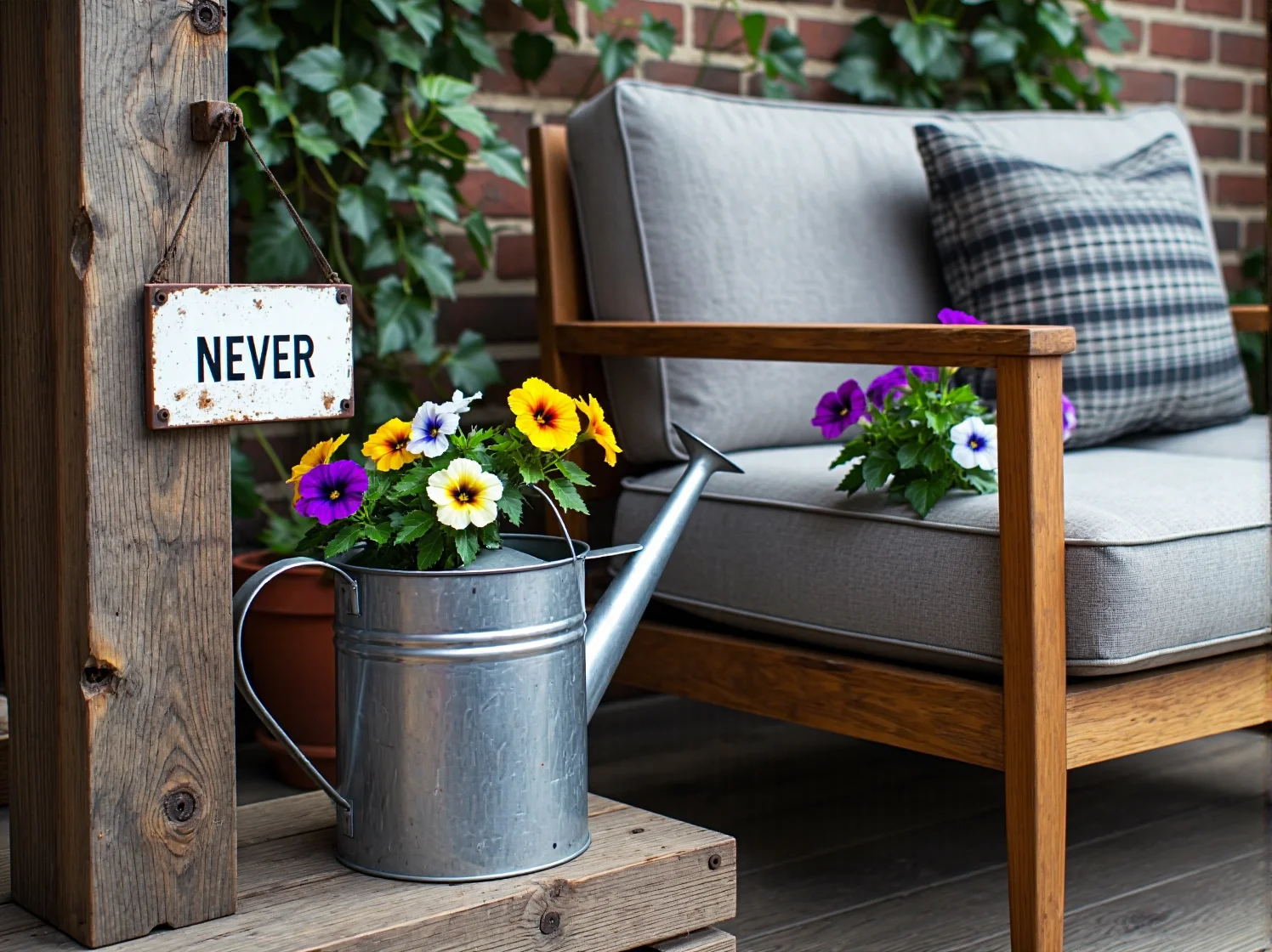 Girlandy świetlne i metalowe lampiony oświetlające wieczorny kącik wypoczynkowy na tarasie.