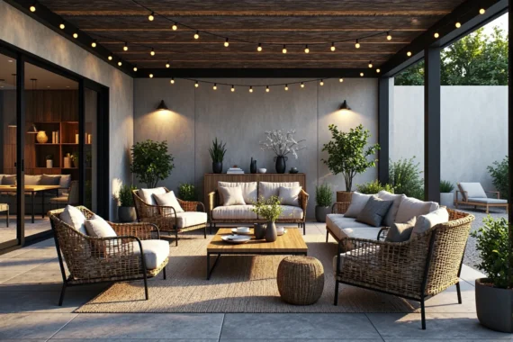 Zestaw mebli ogrodowych rattanowych z beżowymi poduszkami i stolikiem