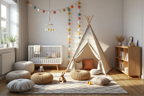 Białe łóżeczko dziecięce na drewnianych nóżkach w stylu skandynawskim