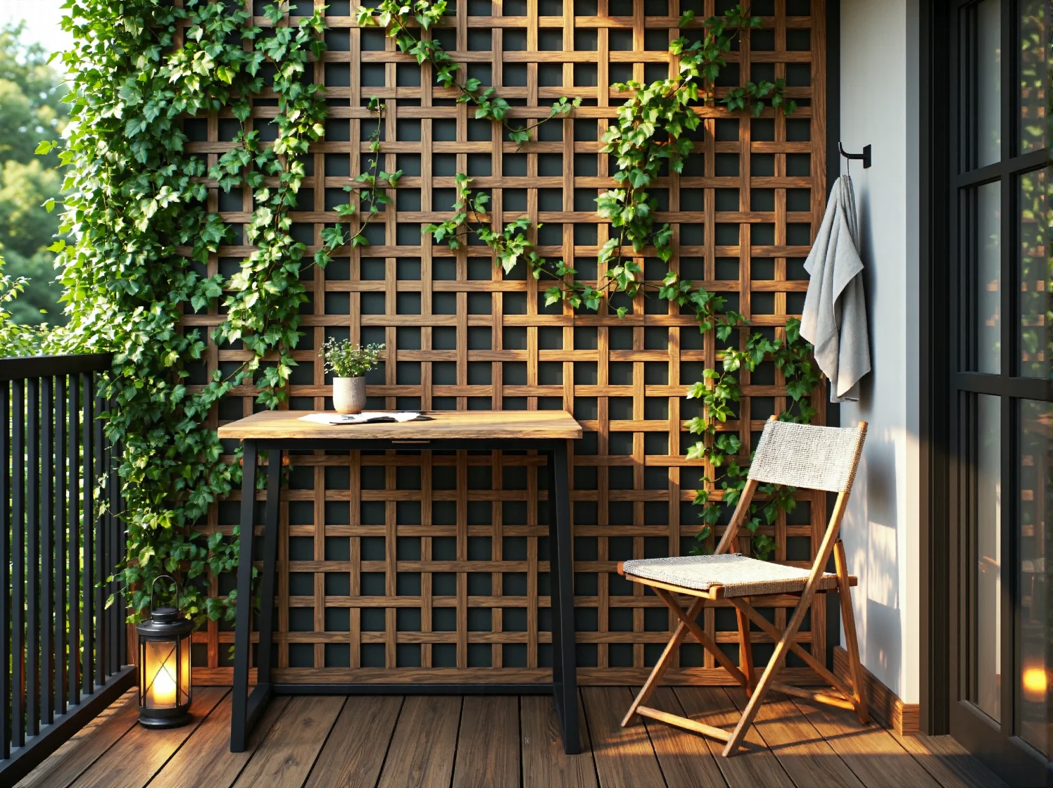 Pionowy ogród i skrzynia do przechowywania na wąskim balkonie w bloku