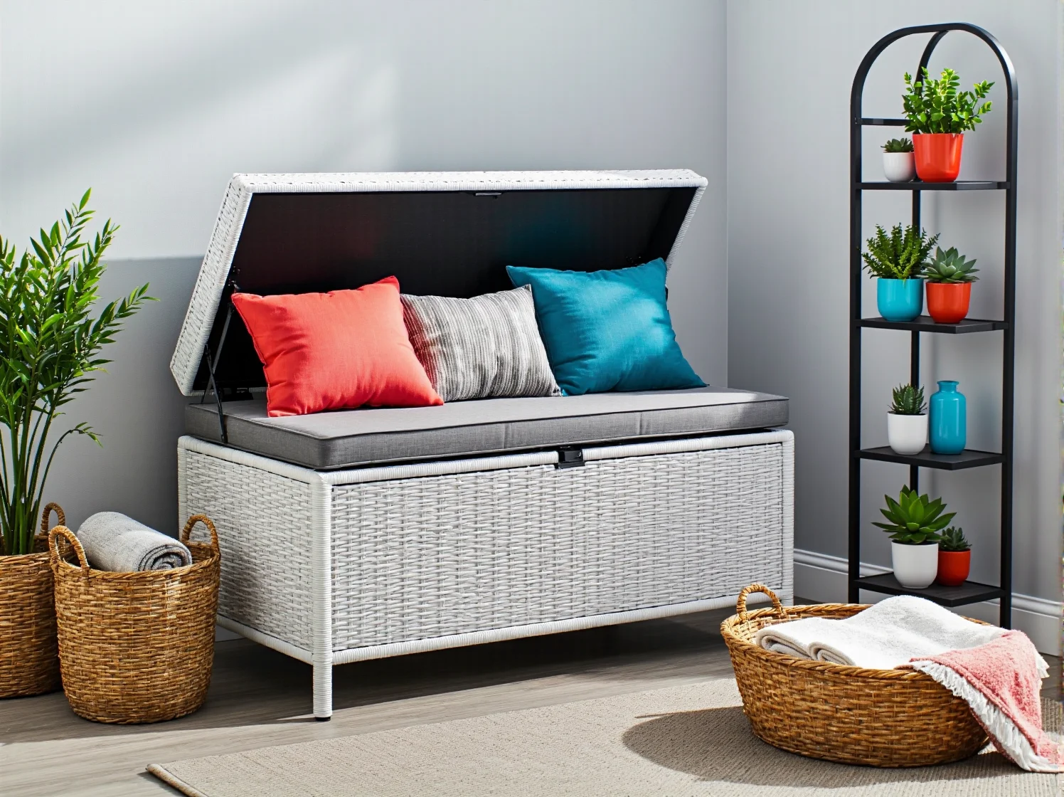 Przytulna strefa relaksu na balkonie z poduszkami i oświetleniem LED