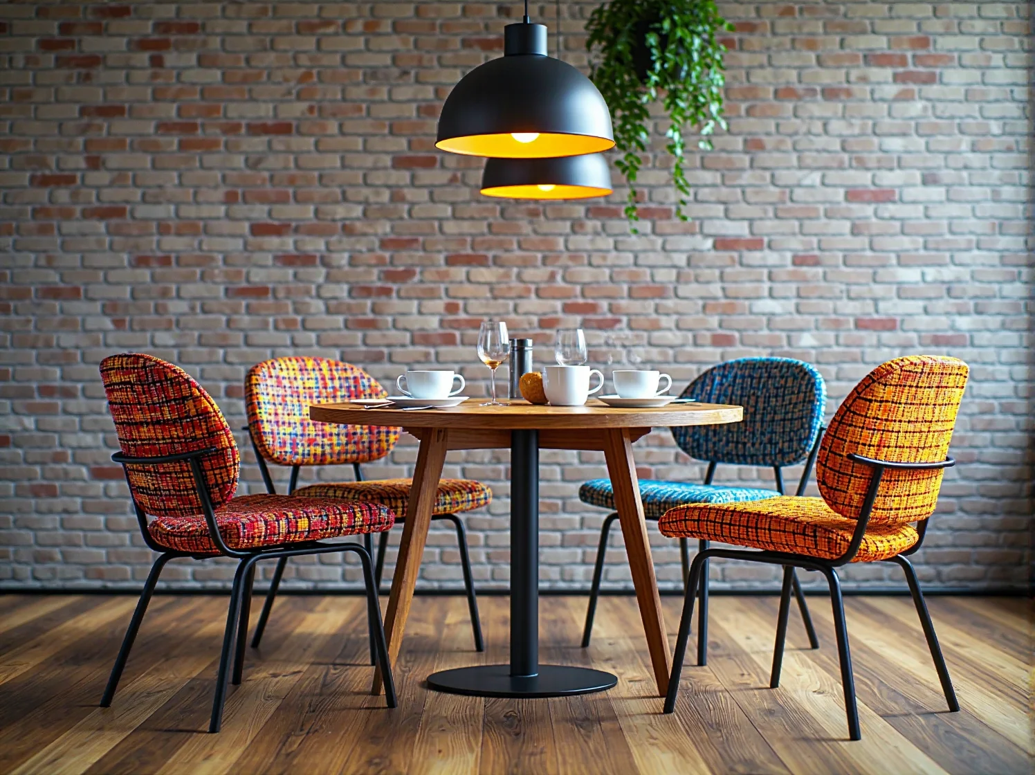 Przytulny kącik kawowy z odnowioną sofą z lat 60. i designerskim oświetleniem LED