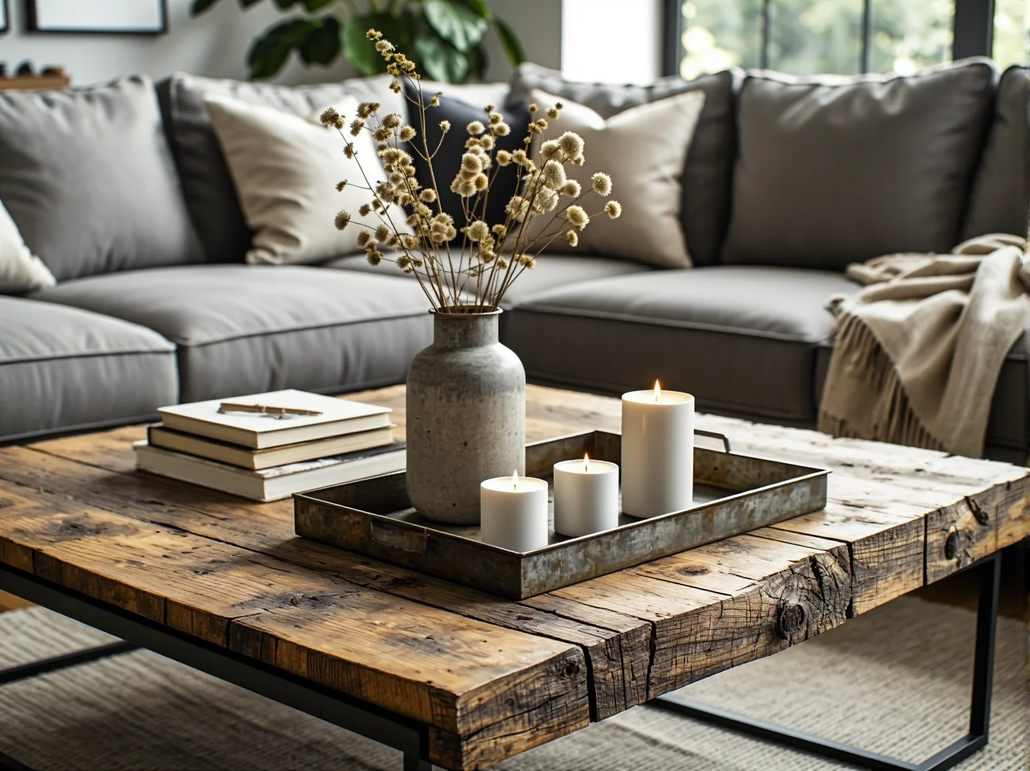 Przytulne wnętrze industrialne z dużą ilością roślin i naturalnym drewnem.