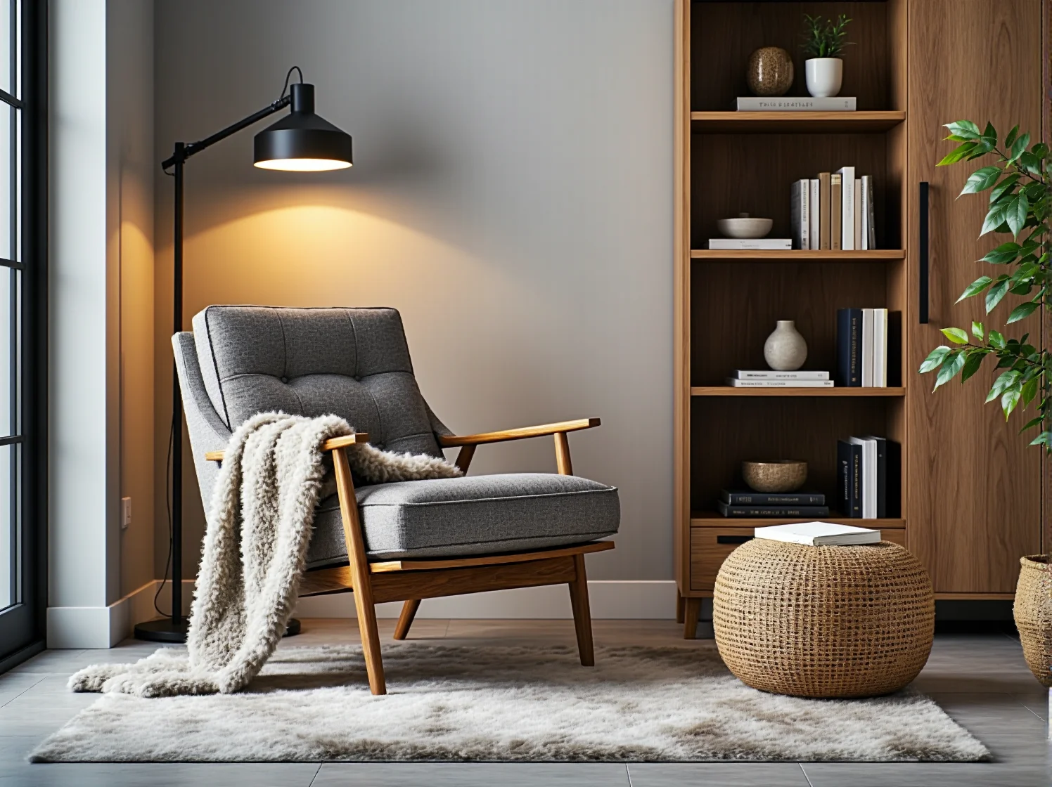 Puszysty dywan shaggy w jasnym pokoju dziennym ocieplający surowy minimalizm