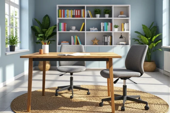 Drewniane biurko dąb naturalny z prostokątnym blatem dla dziecka