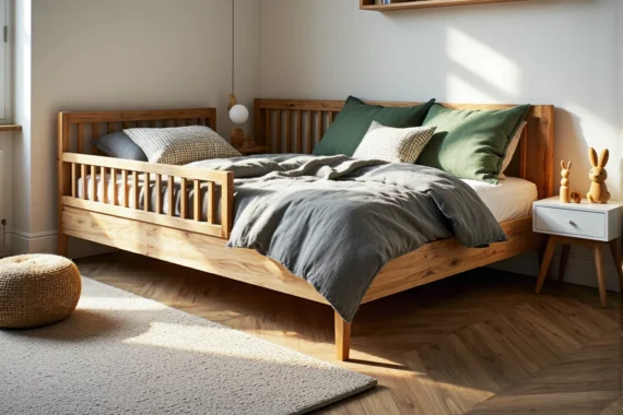 Drewniane łóżko dziecięce sosnowe z barierką ochronną