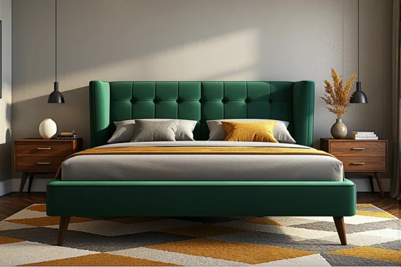 Łóżko tapicerowane zielone retro z pikowanym zagłówkiem