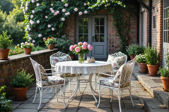 Biały metalowy zestaw ogrodowy vintage stół z ażurowymi krzesłami