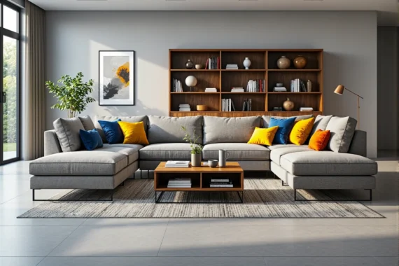 Szara sofa modułowa narożna z kolorowymi poduszkami dekoracyjnymi