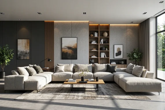 Regał skandynawski drewniany z otwartymi półkami i oświetleniem