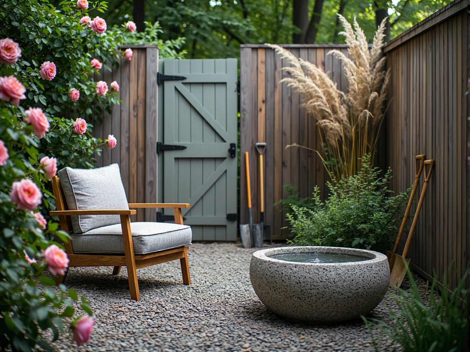 Drewniany płot z pnącymi różami i lawendą w małym ogrodzie, idealny przykład roślinności w stylu rustykalnym.