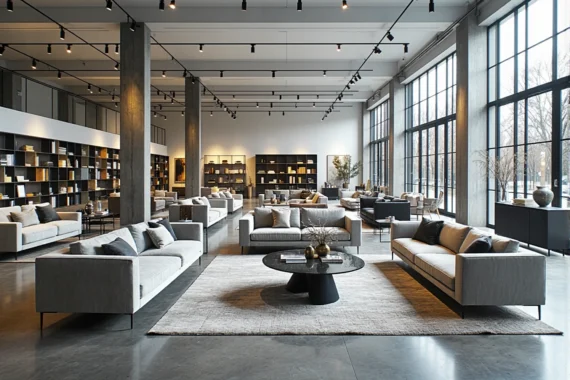 Nowoczesny salon meblowy z szarymi sofami i regałami