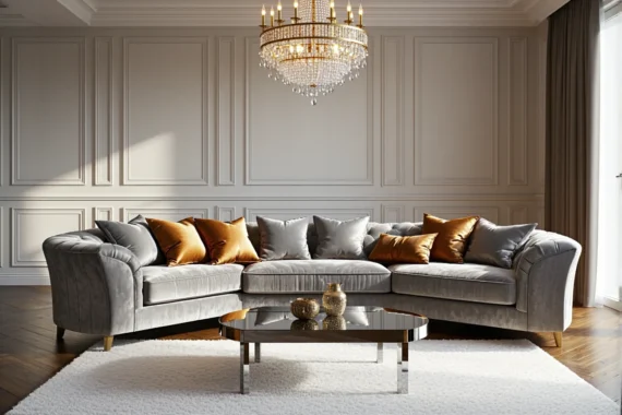 Elegancka narożna sofa welurowa szara ze złotymi poduszkami