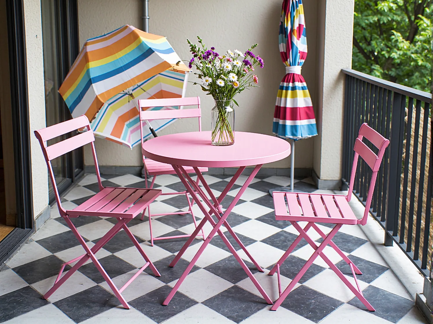 Składany stolik i krzesła na wąskim balkonie w aranżacji retro