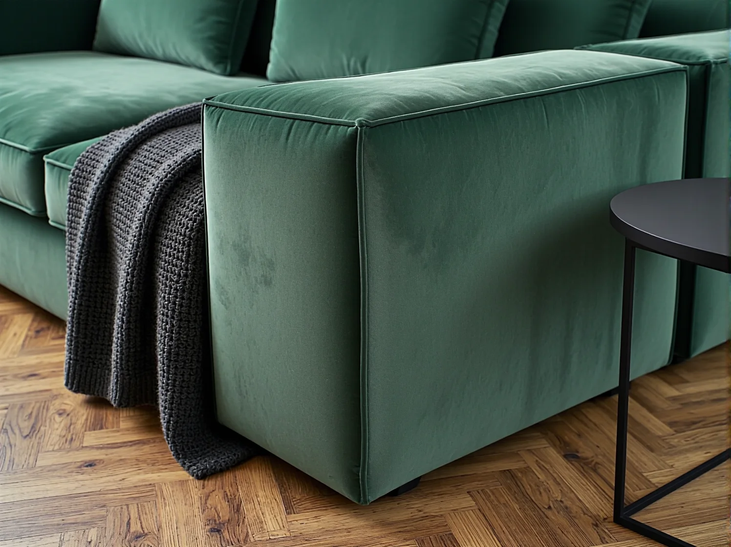 Beżowa sofa modułowa z funkcją spania i pojemnikiem na pościel w małym pokoju.