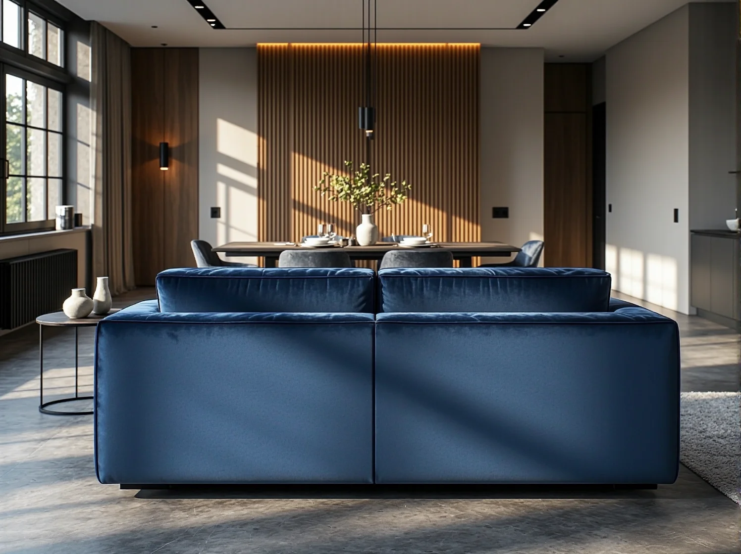 Sofa narożna oddzielająca strefę wypoczynkową od jadalni w open space