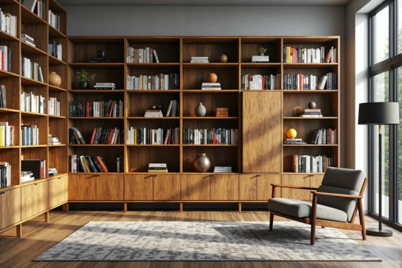 Regał na książki z litego dębu z półkami i szafkami