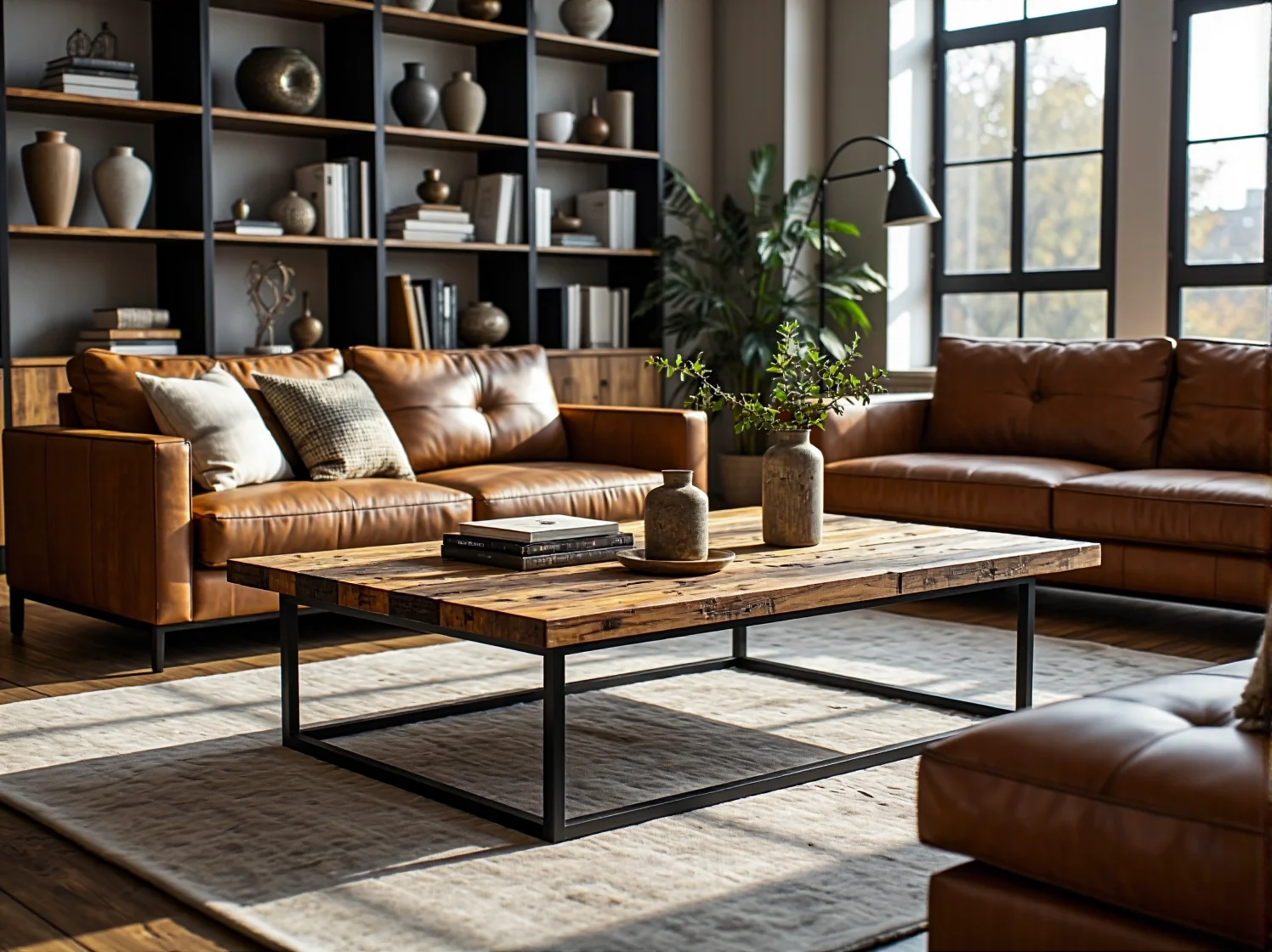 Prostokątny stół kawowy industrialny dopasowany do szarej sofy narożnej