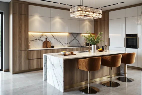 Wyspa kuchenna glamour z marmurowym blatem i złotymi detalami