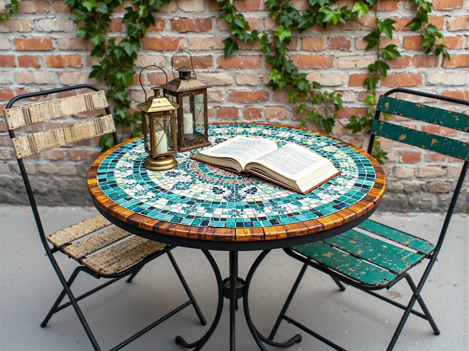 Stół ogrodowy vintage z ozdobnymi krzesłami żeliwnymi. Elegancka aranżacja kącika jadalnianego.