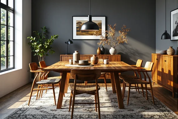 Drewniany stół jadalniany dębowy w stylu vintage z krzesłami