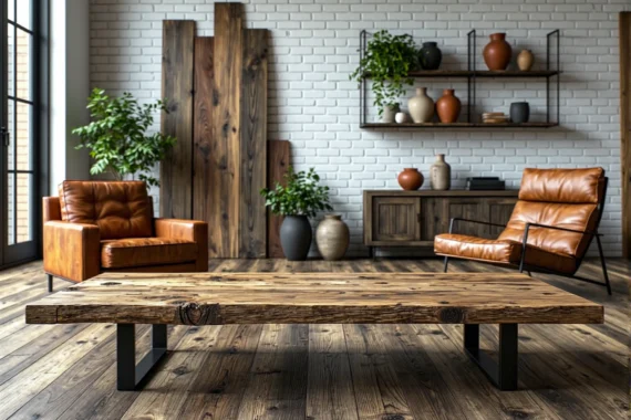 Stół kawowy z drewna odzyskanego na metalowych nogach