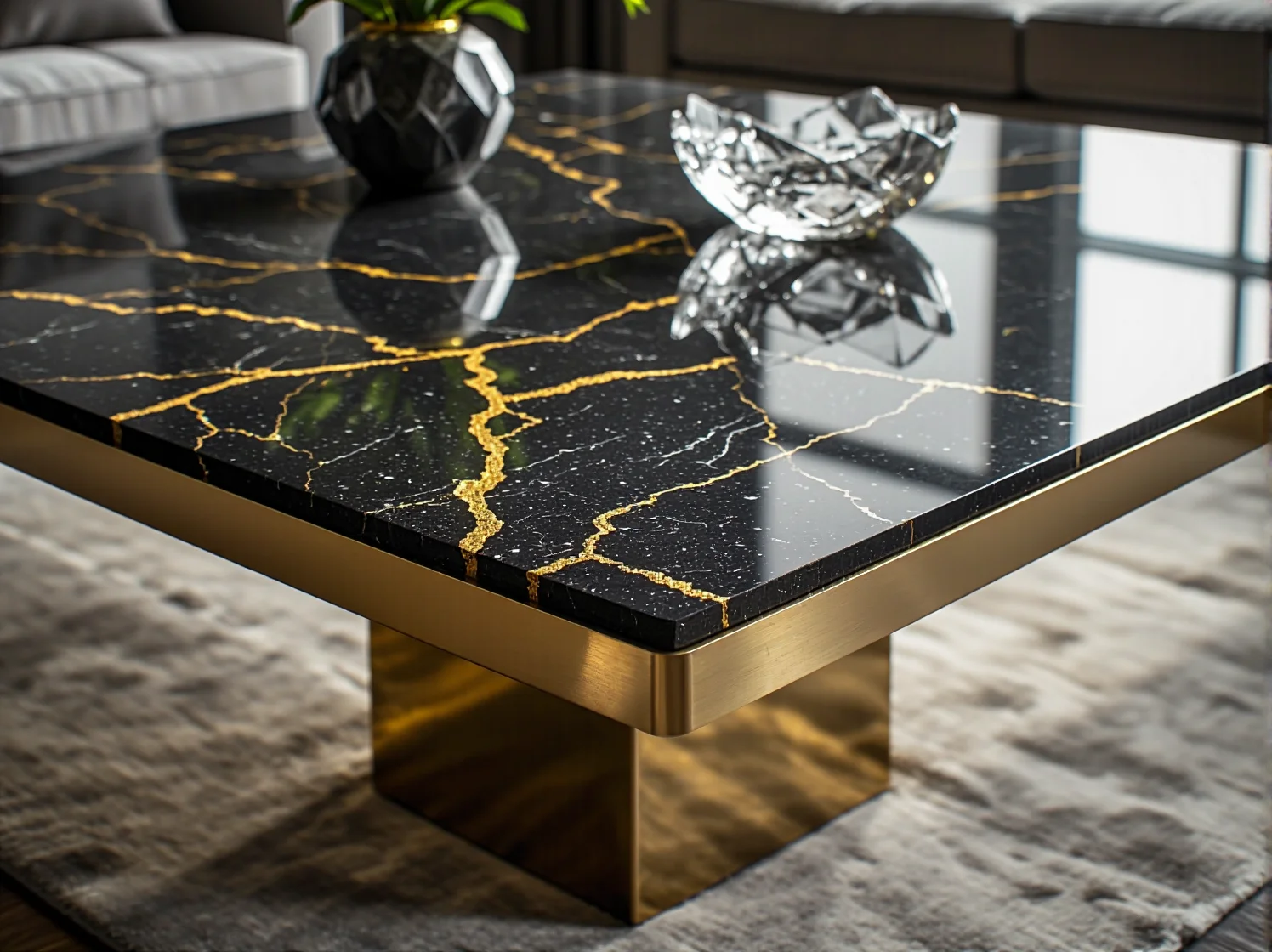 Złoty stolik kawowy z metalu z recyklingu w stylu glamour przy welurowej sofie.