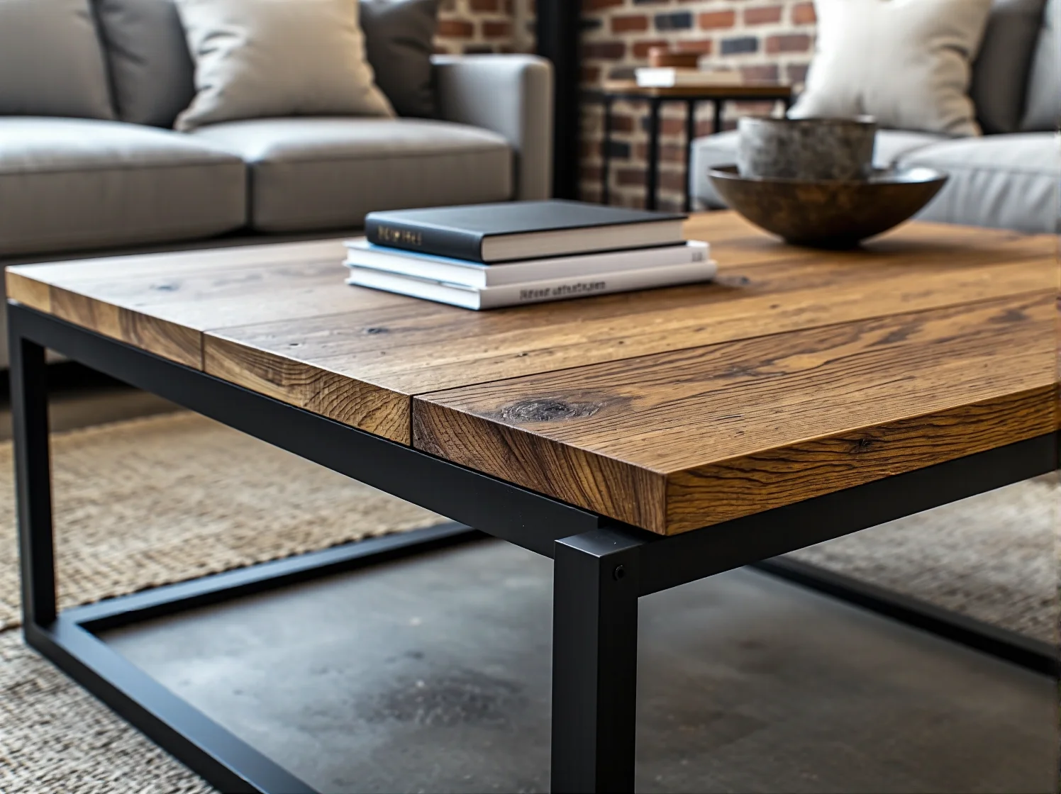 Solidny stolik loftowy z dębowym blatem i czarnymi metalowymi nogami
