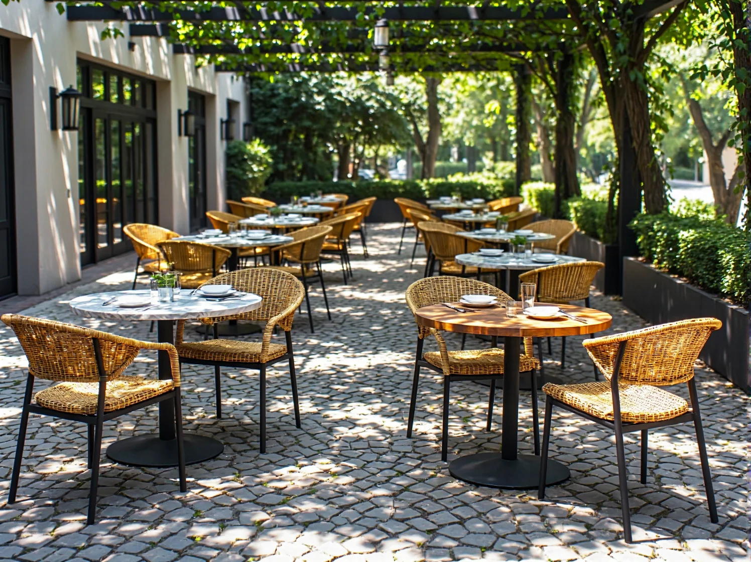 Eleganckie stoły i krzesła na patio restauracji hotelowej