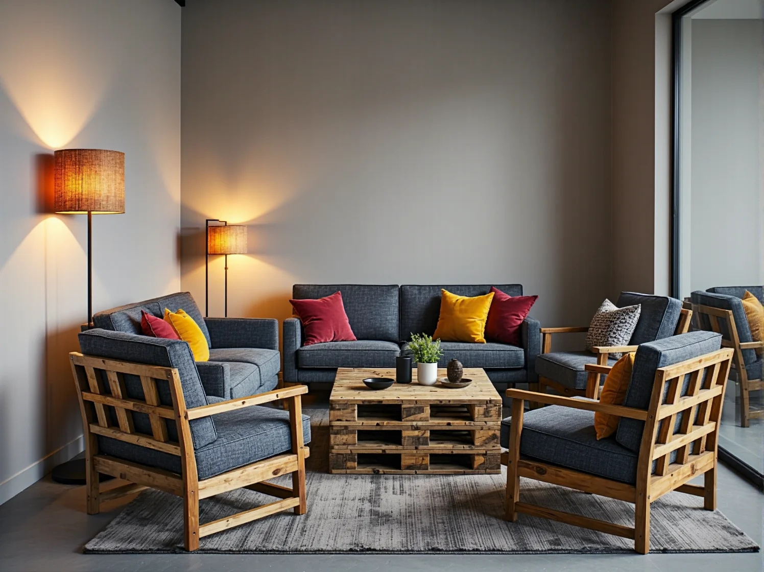 Strefa relaksu w coworkingu z designerskimi fotelami z odzysku i roślinami.