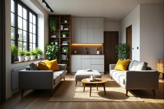 Zabudowa meblowa biało-orzechowa z regałem i oświetleniem LED