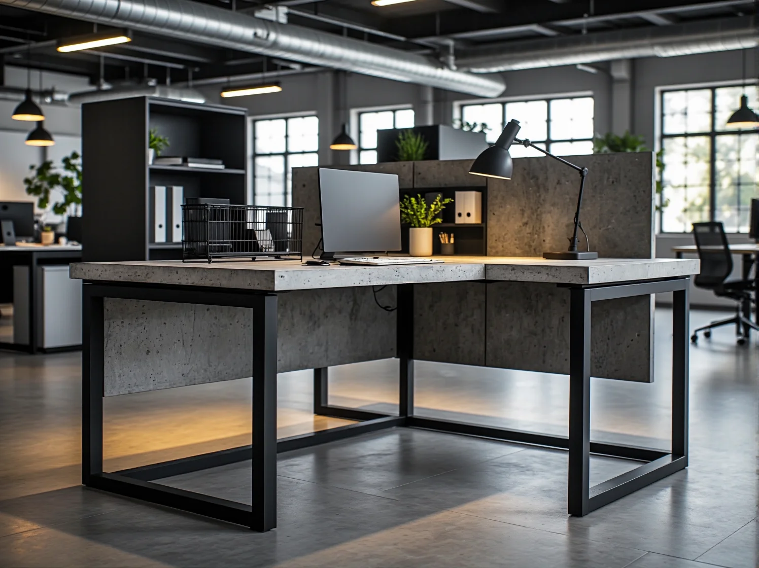 Aranżacja strefy spotkań w lofcie z wykorzystaniem metalowych regałów i sof modułowych.