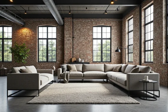 Narożnik tapicerowany beżowy z fotelem na metalowych nogach