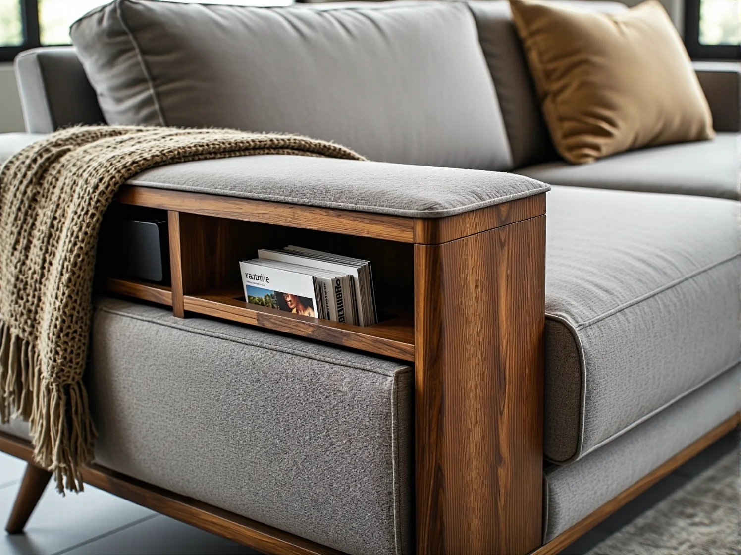 Stylowa welurowa sofa modułowa z funkcją spania i pojemnikiem szara