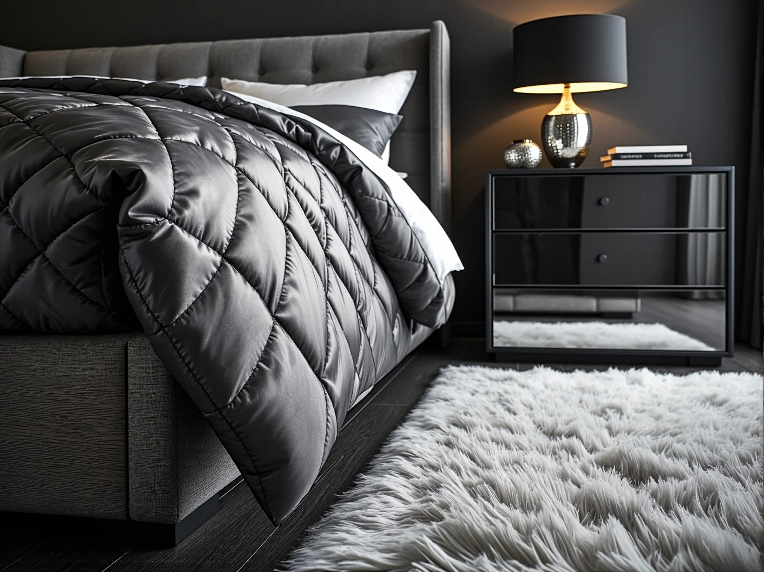 Nowoczesna sypialnia glamour z welurowymi tekstyliami i srebrnymi dodatkami