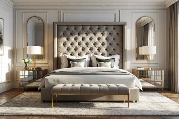 Eleganckie łóżko tapicerowane szare z pikowanym zagłówkiem i złotymi nóżkami