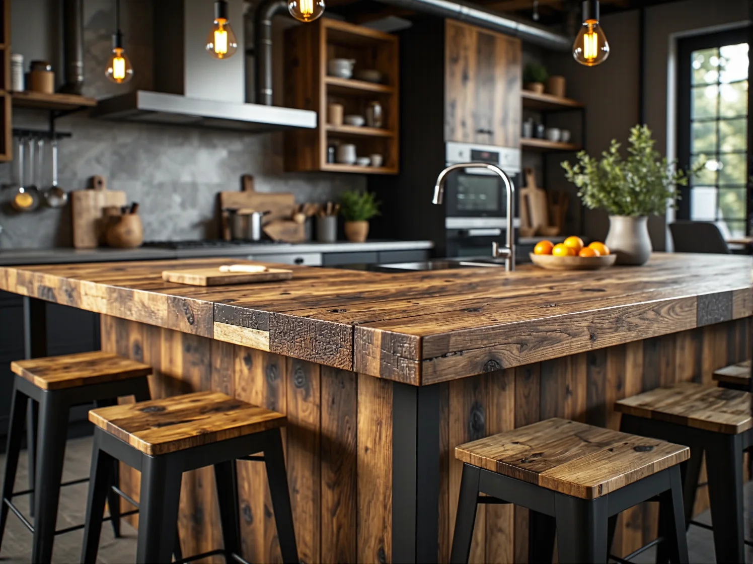 Elegancka sypialnia loftowa z czarnymi akcentami, dużym oknem i miękkimi tkaninami