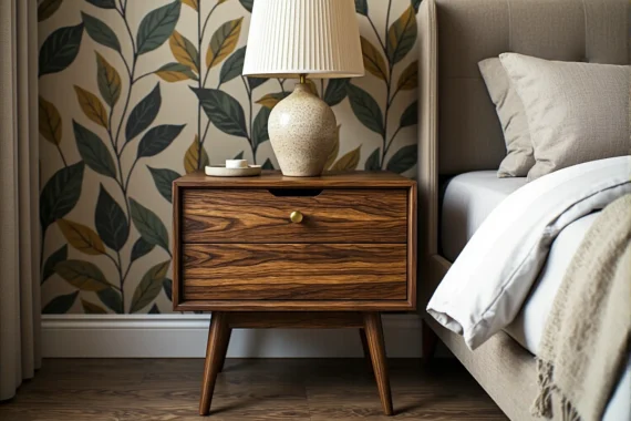 Szafka nocna orzech vintage z szufladą i złotym uchwytem